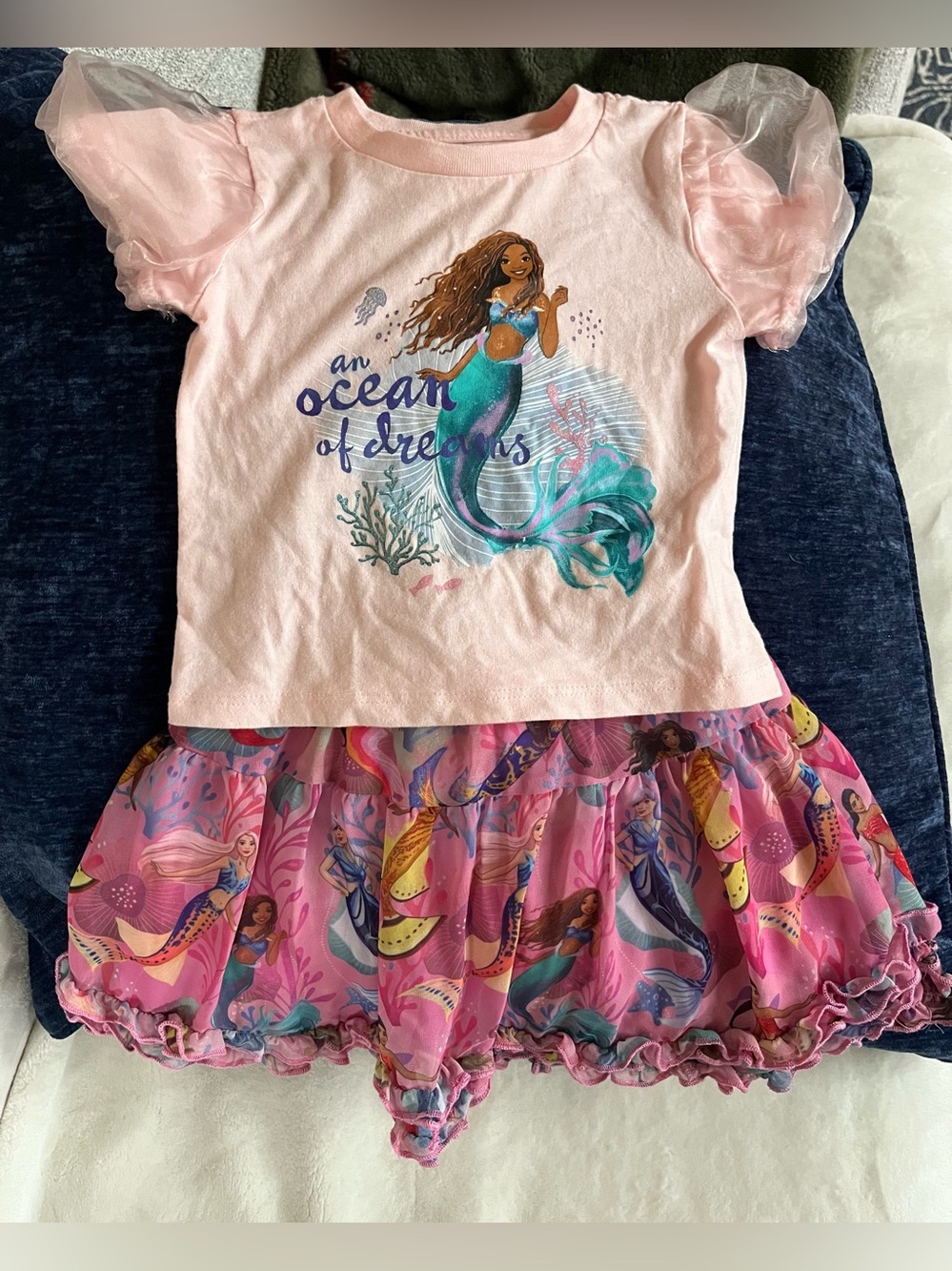 Disney The Little Mermaid Ariel Graphic Top & Matching Pink Ruffle Skirt 3T EC
